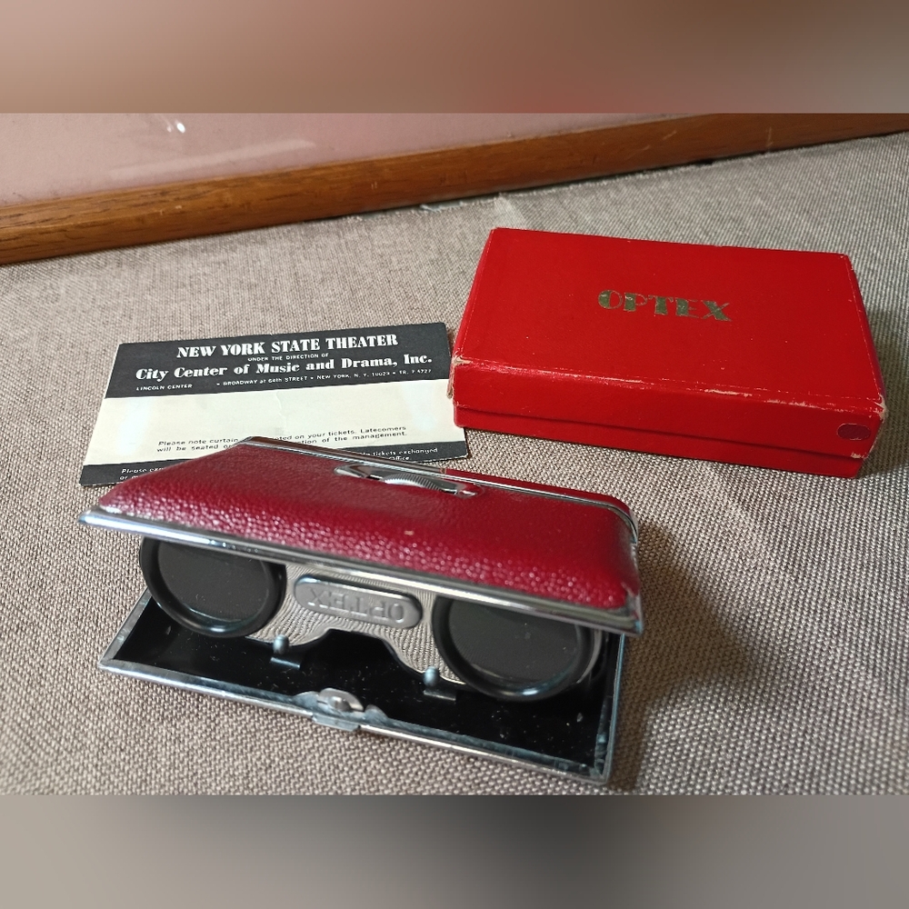 Vintage Optex Theater Glasses Binoculars Collapsible Portable Vtg Envelope & Box
